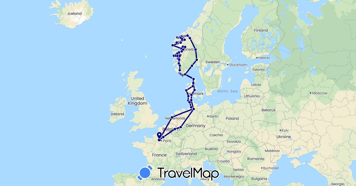 TravelMap itinerary: driving in Belgium, Germany, Denmark, France, Netherlands, Norway (Europe)